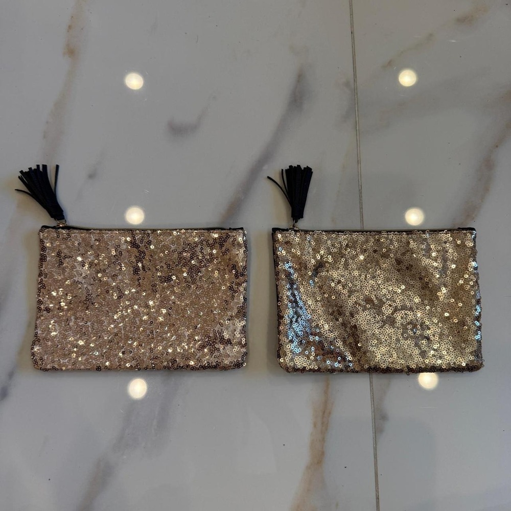 Ipsy Gold Sequin Black Faux Leather Tassel Makeup Bag Set of 2 Cosmetic Pouches